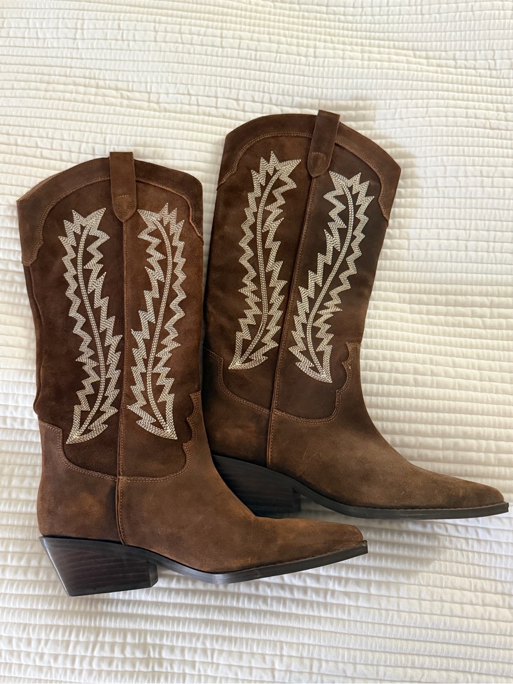 Marc Fisher Brown Suede Western Heeled Boots with White Stitching